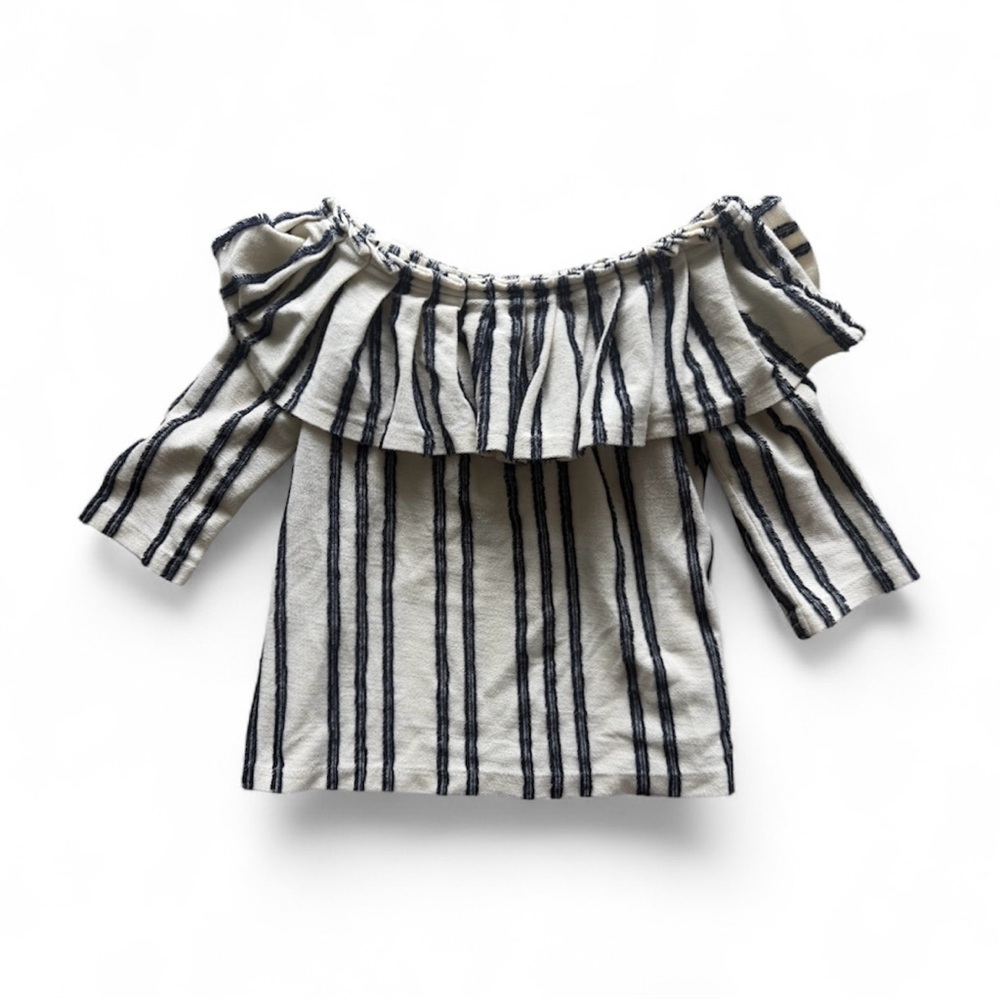Banana Republic Navy and White Striped Ruffle Off The Shoulder Farmhouse Top